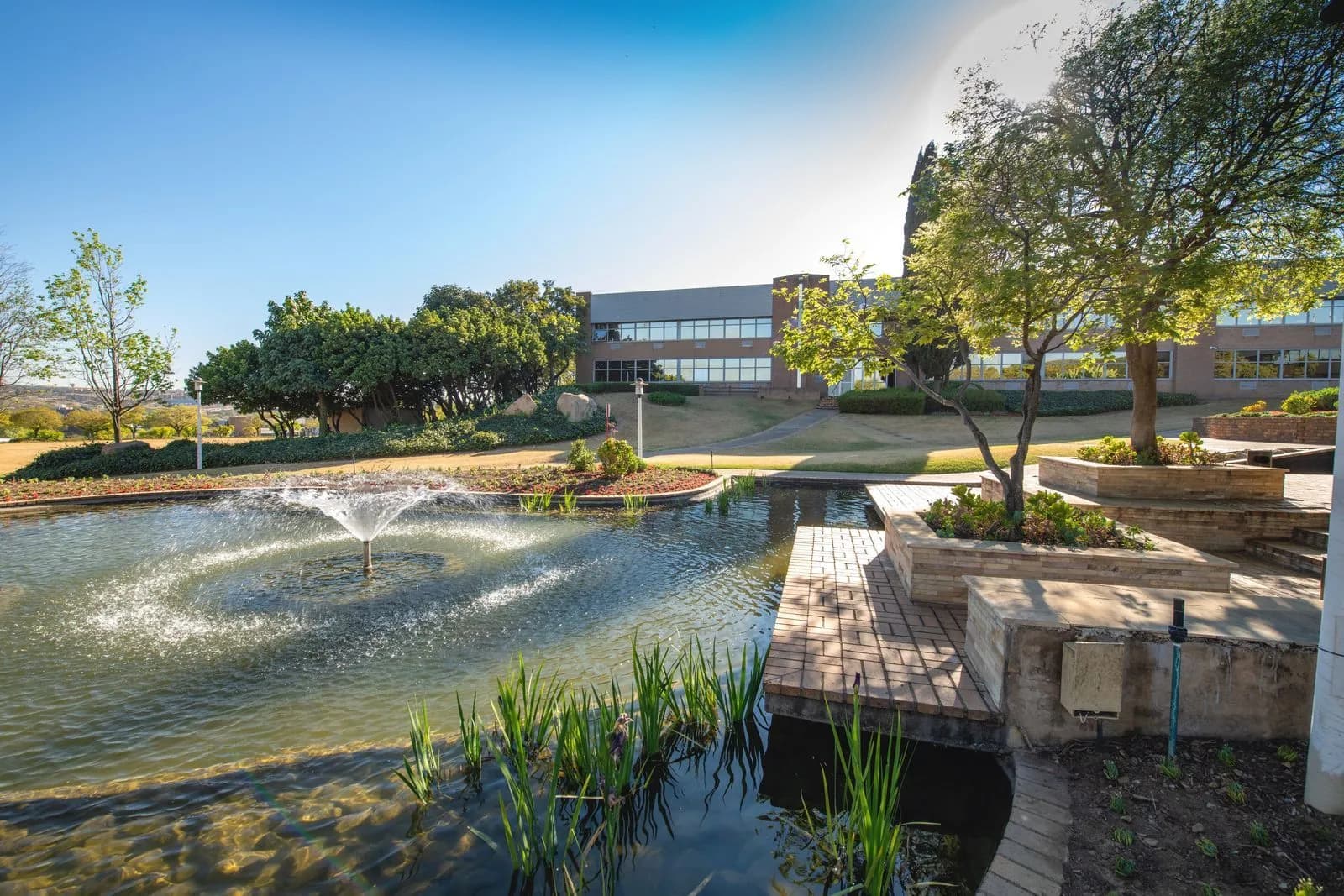 Landscaped gardens and water feature at Midpoint Business Park