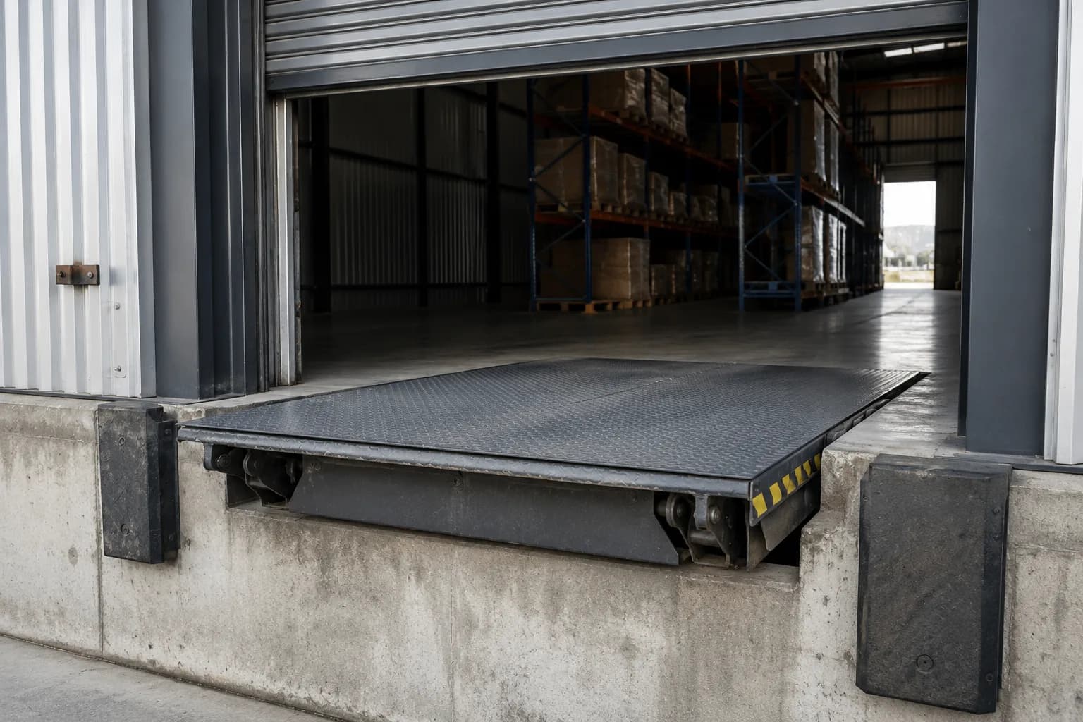 Dock leveller providing direct loading access into a racked warehouse